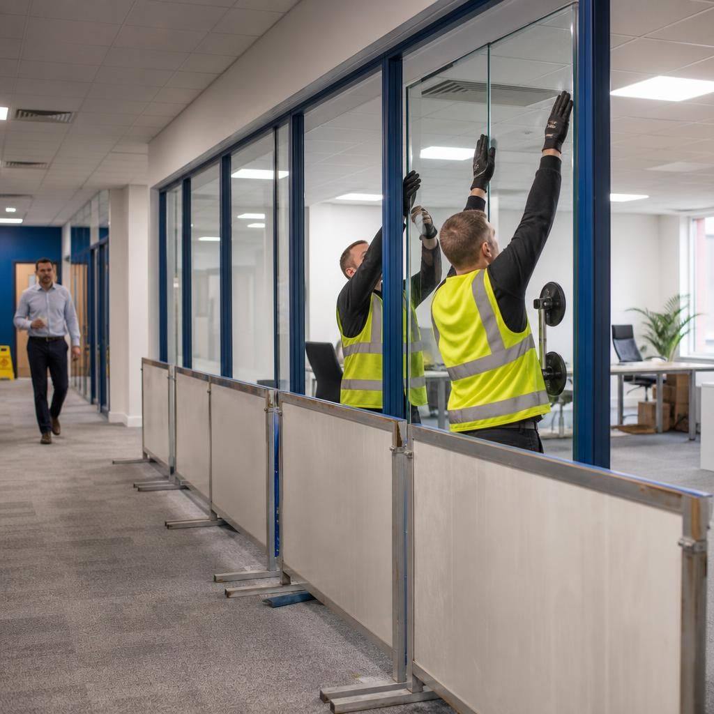 Glaziers installing a commercial window behind temporary barriers in an occupied office
