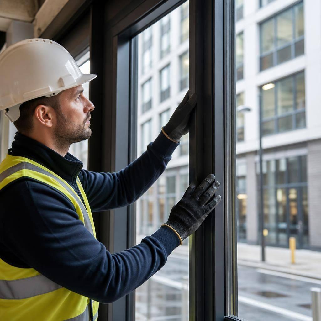 Glazier examining a commercial window frame before fitting replacement glass