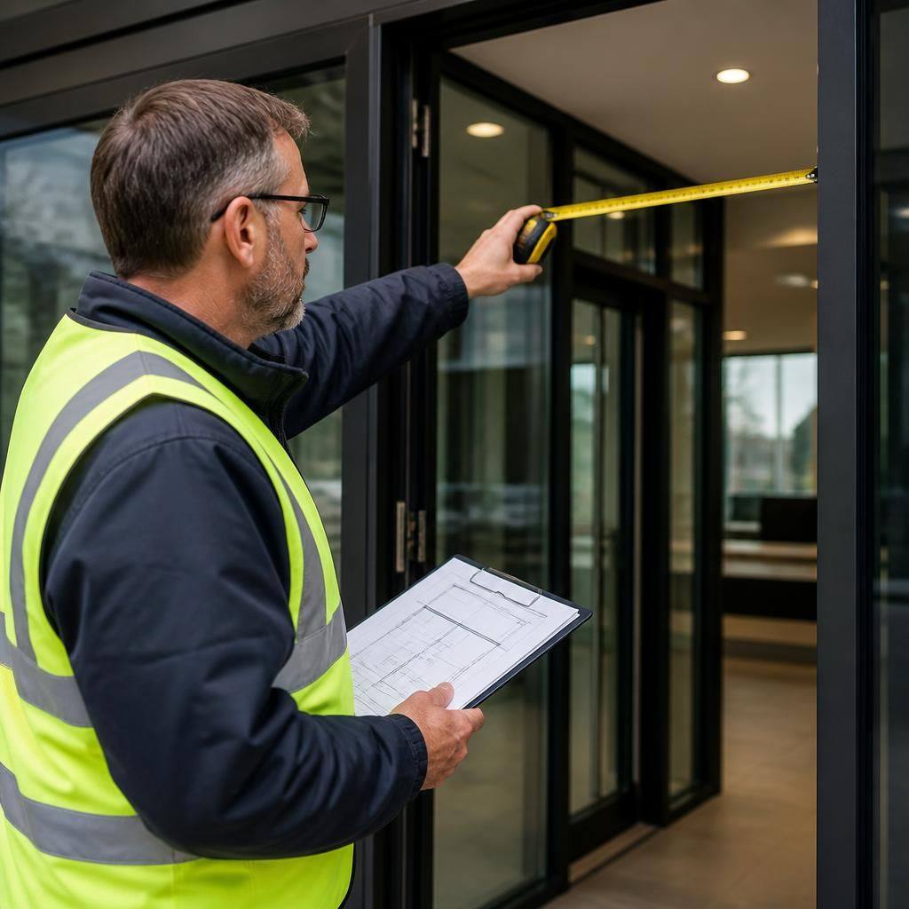 Surveyor checking measurements around a commercial glass door opening