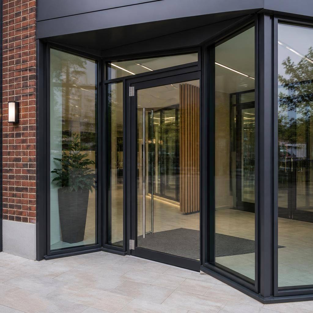 Commercial glass door with angled fixed glazing panels forming an unusual entrance layout