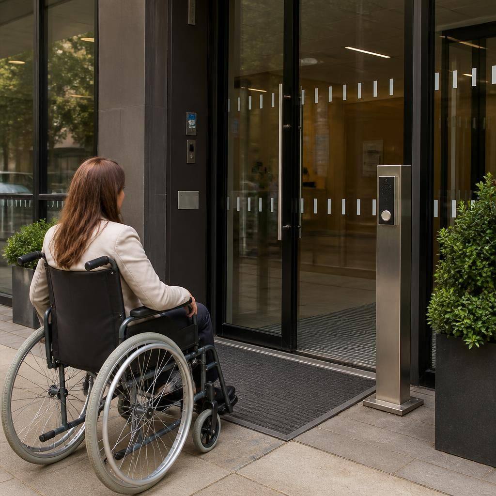 Glazed commercial entrance with contrasting door markings and an access control beside the approach route