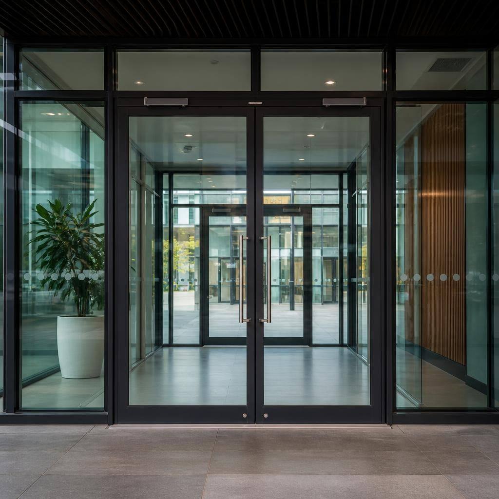 Double-leaf glazed entrance doors with metal framing at a commercial building