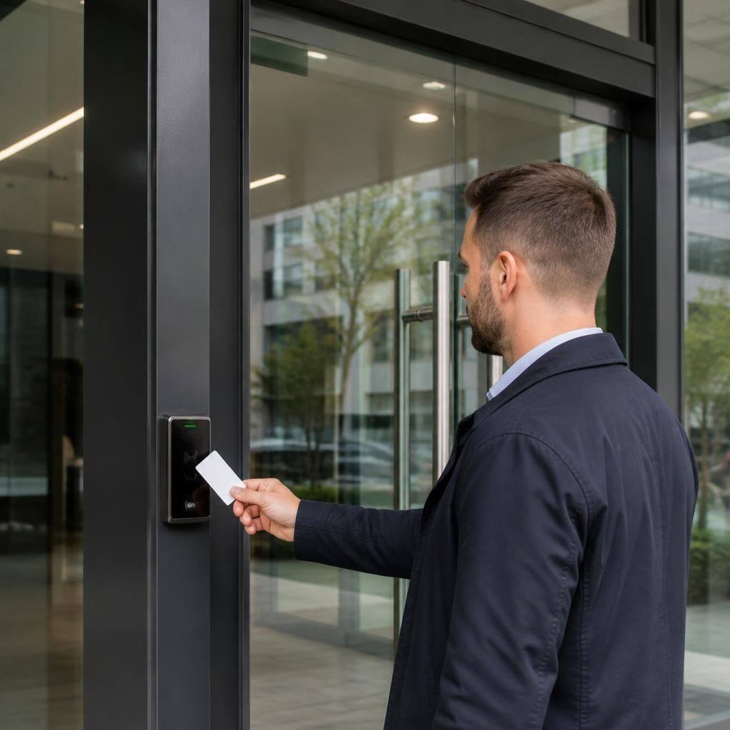 Commercial glass entrance door with laminated glazing, secure frame and electronic access reader