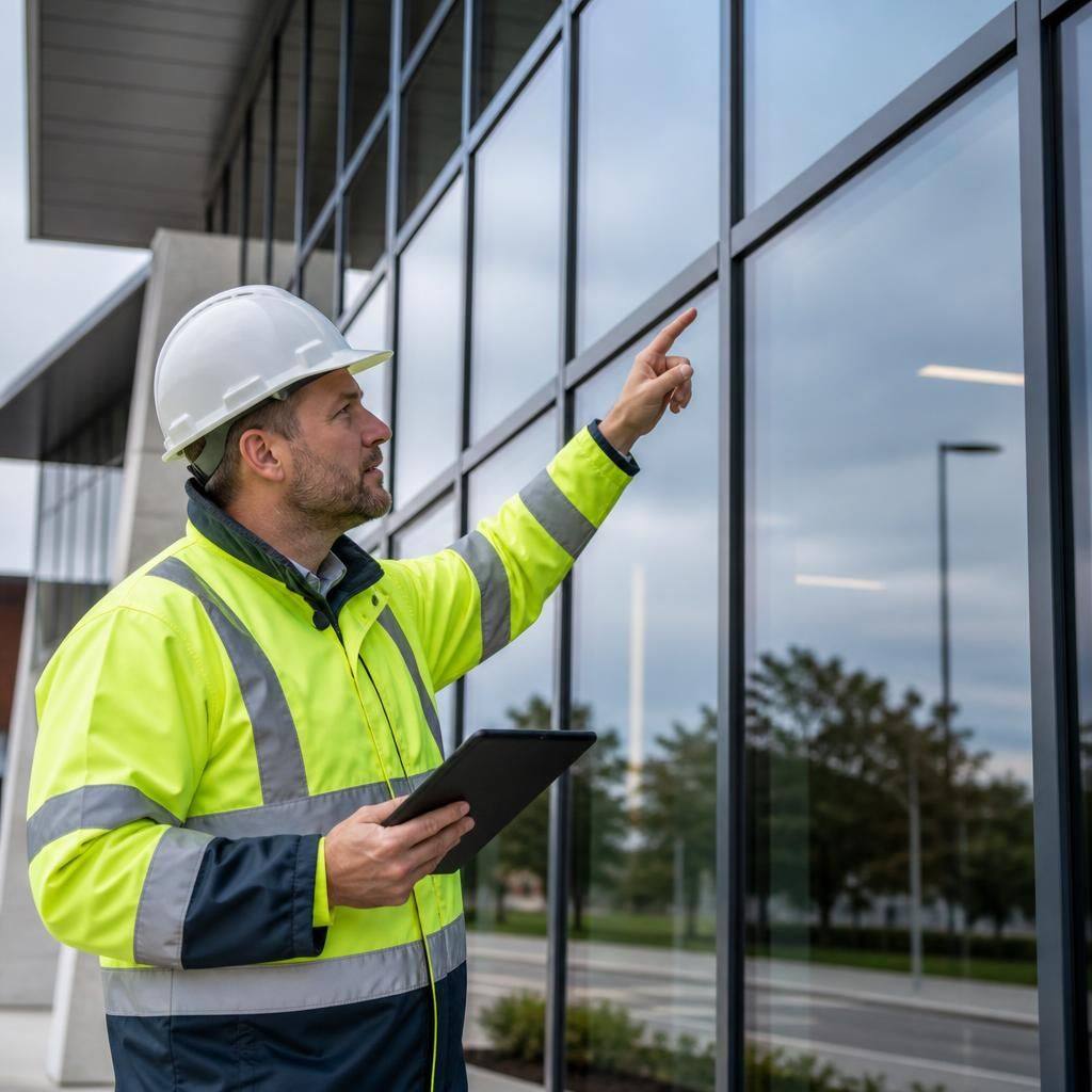 Glazier inspecting glass panels and framing on a completed commercial facade