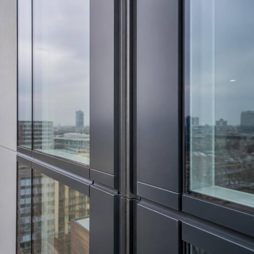 Glass facade framing with a movement joint between adjoining sections