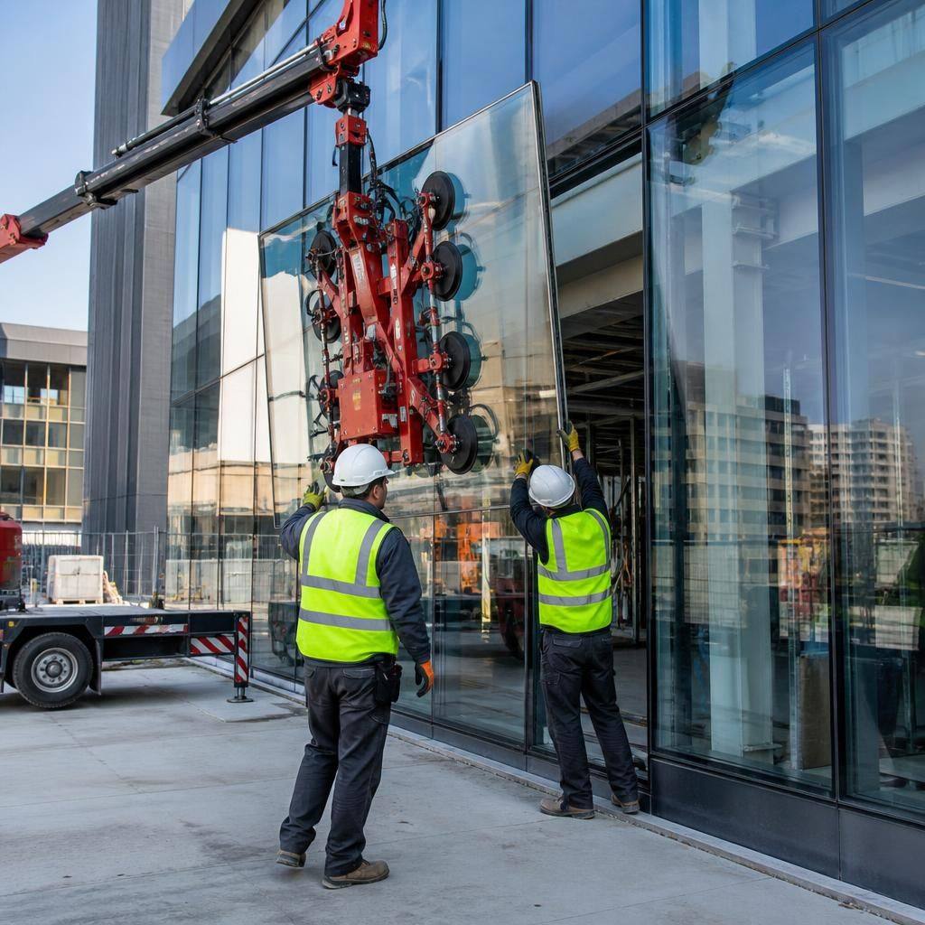 Glazing installers positioning a glass facade panel beside a commercial building