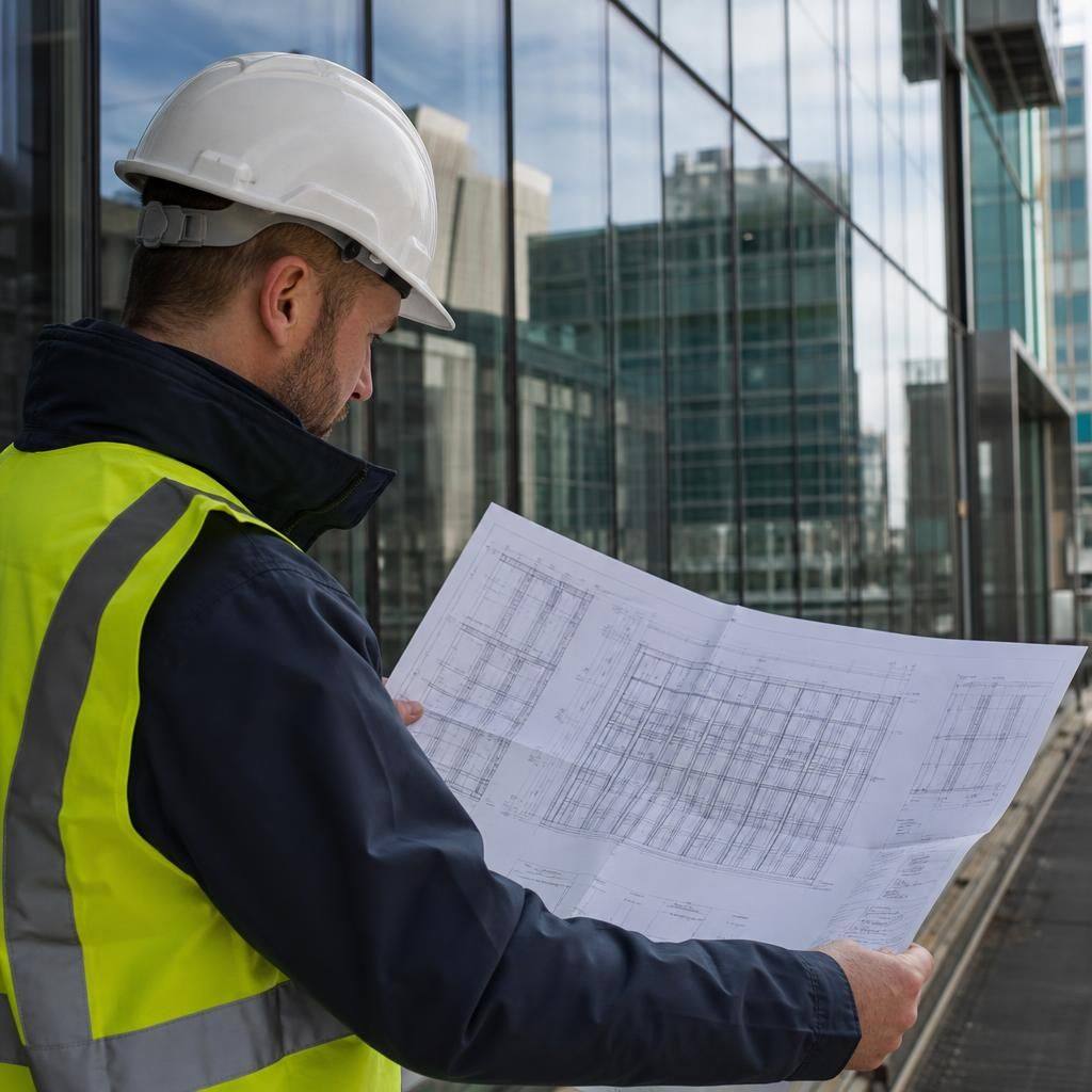 Glazing specialist reviewing commercial facade survey drawings on site