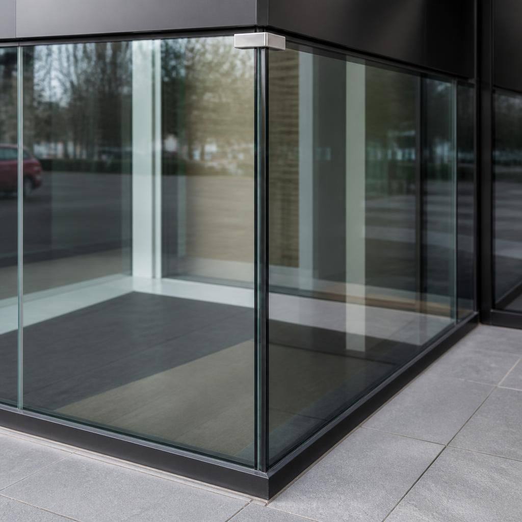 Glass facade corner with two panes joined by an L connector fitting