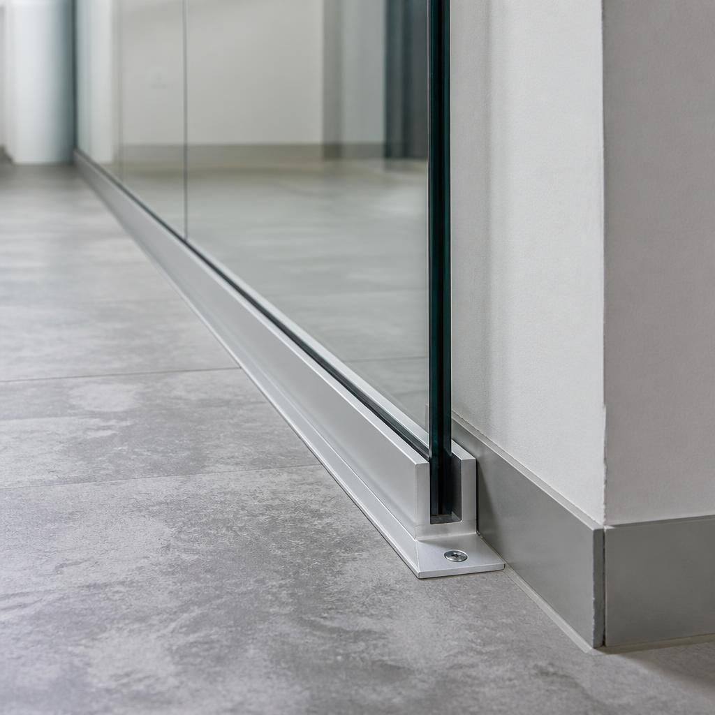 Glass partition channel secured to a commercial floor beside an adjoining wall