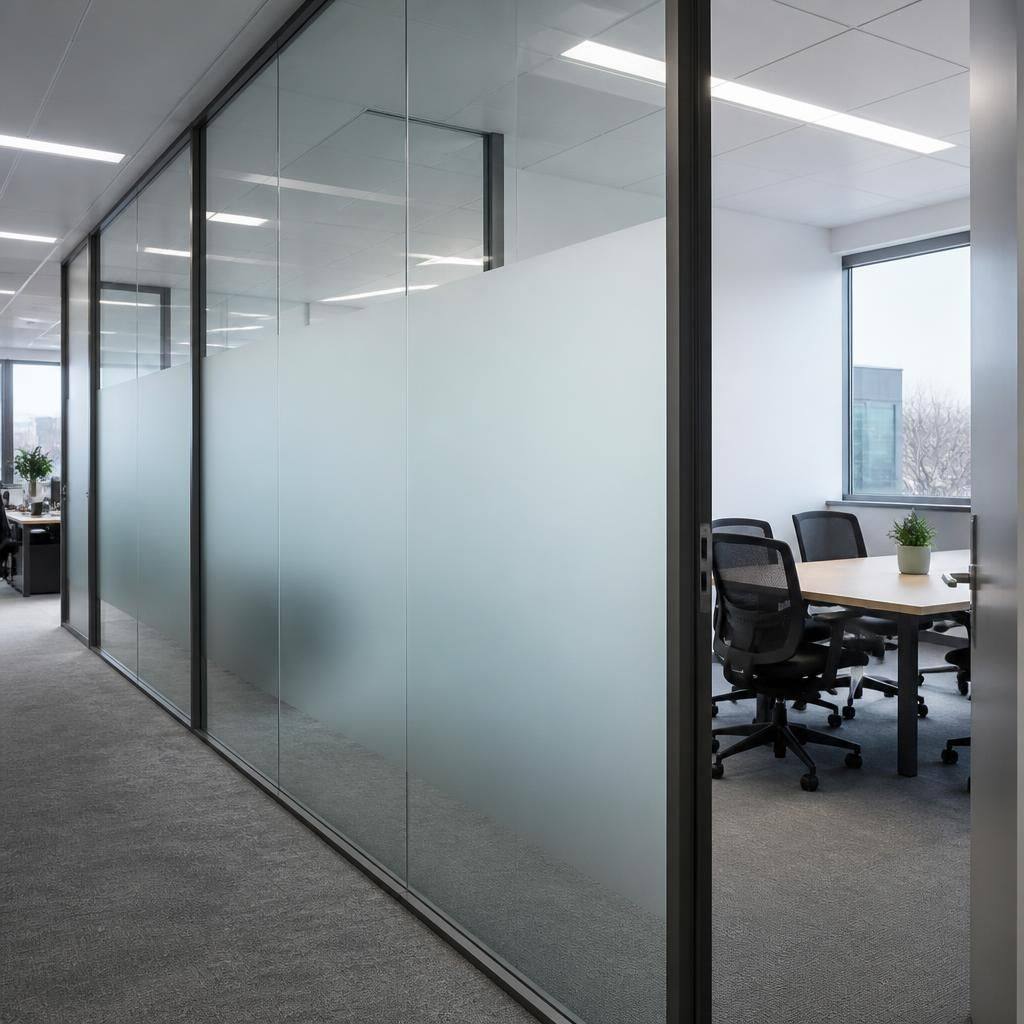Frosted glass partition separating a meeting room from an open commercial office