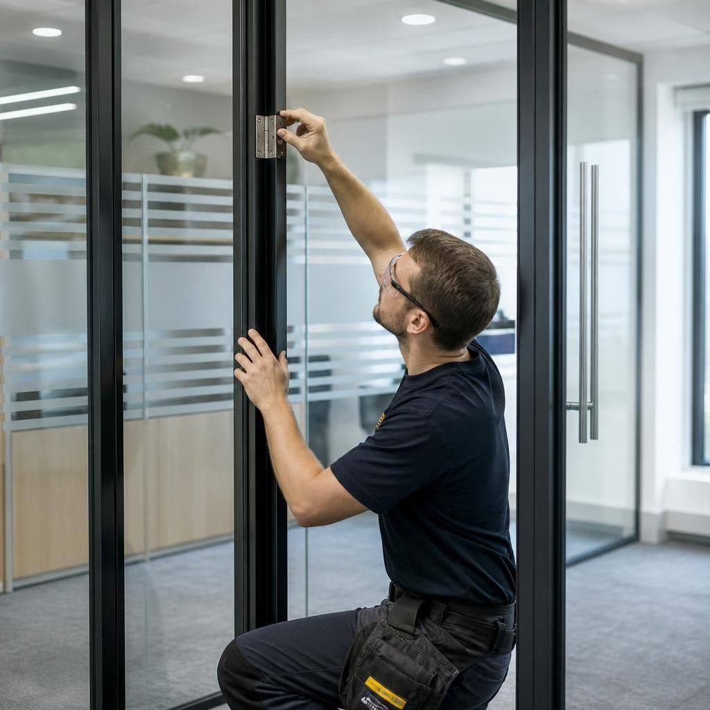 Glazed office partition with framed doors and visible hinges being inspected by a glazier