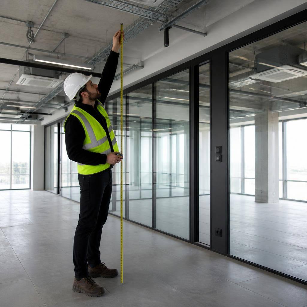 Glazier surveying floor and ceiling levels in a commercial office