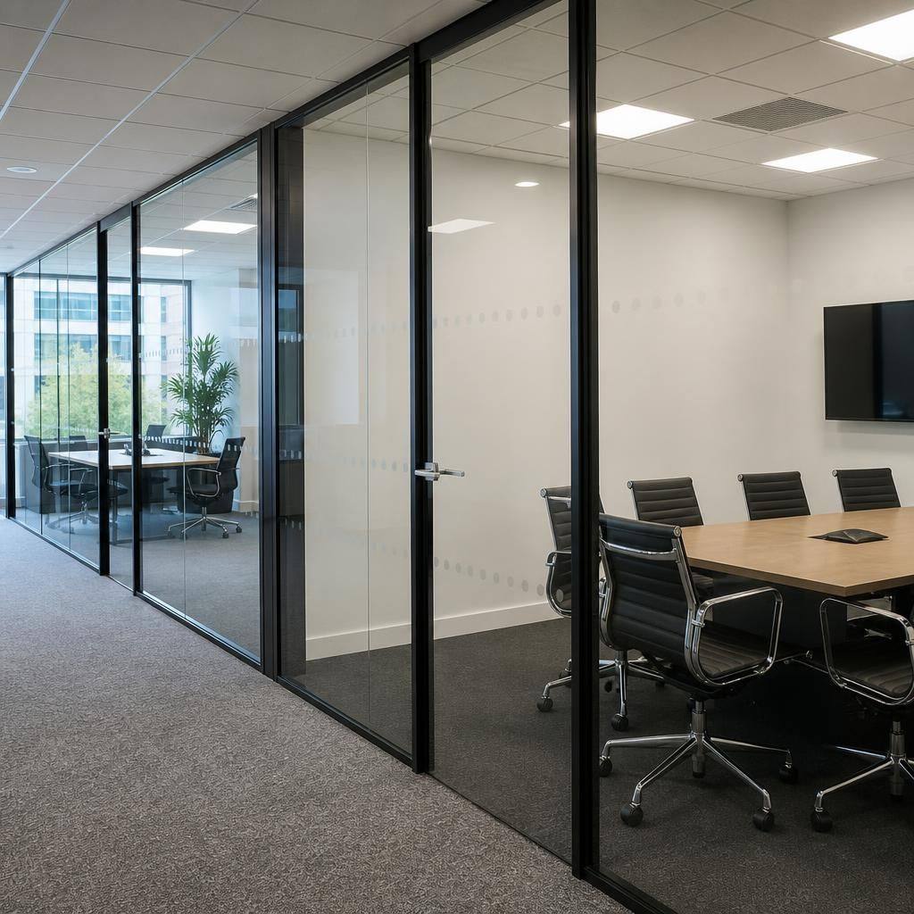 Glass partition panels separating meeting rooms in a commercial office