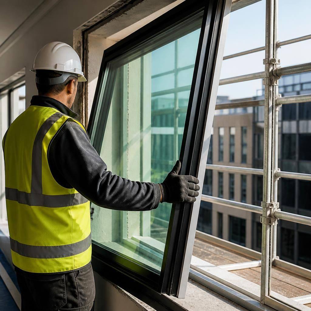 Glazier positioning a commercial window unit inside a restricted-access building opening