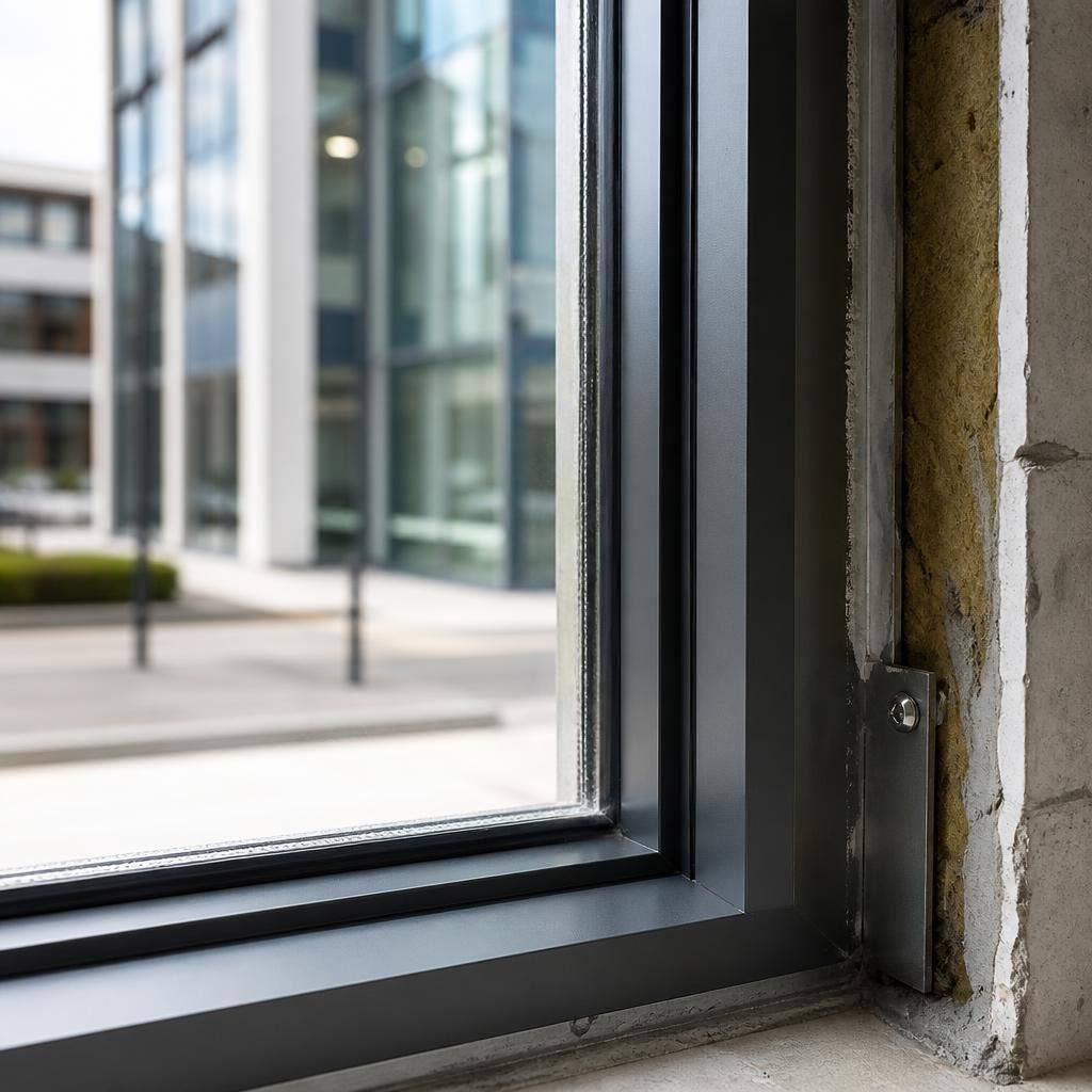 Commercial window frame with fire-rated glazing and perimeter fire seals
