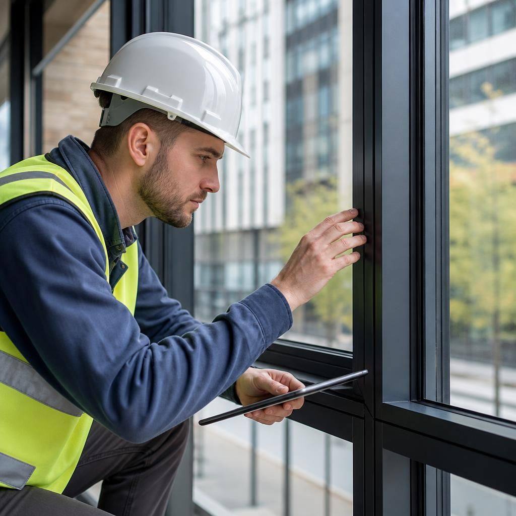 Glazier inspecting the frame and seals of a newly installed commercial window