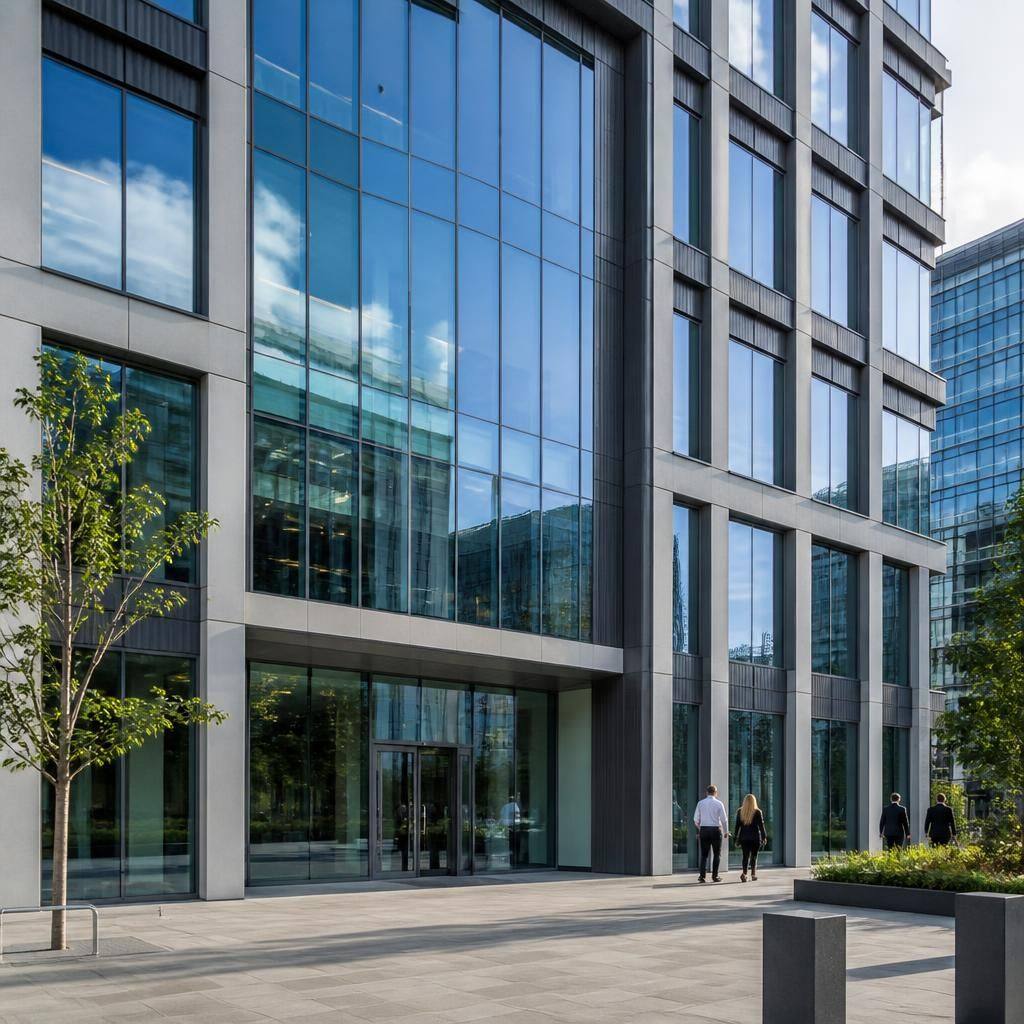 Commercial office façade showing varied window glazing and curtain walling