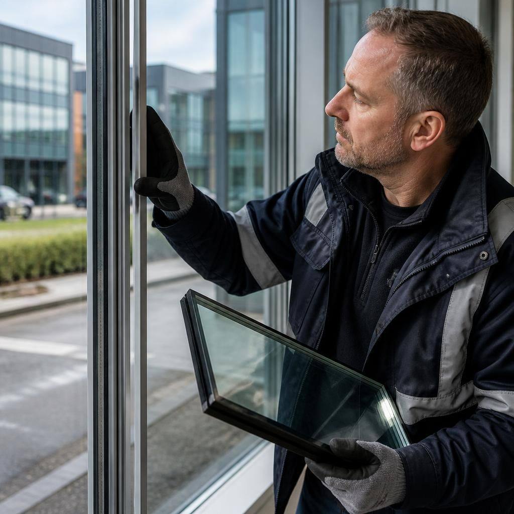 Glazier inspecting a commercial window frame and sealed glass unit