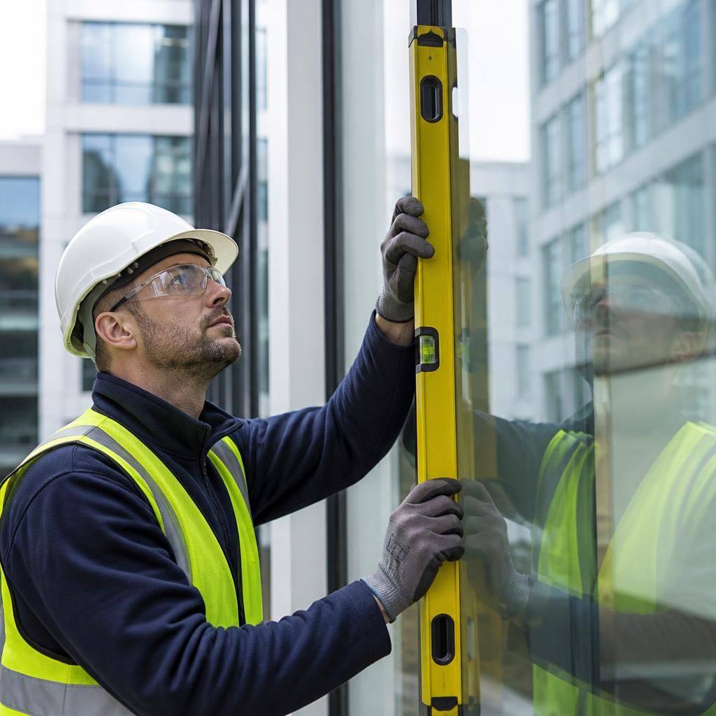 Glazier checking the alignment of a newly fitted commercial glass panel with a spirit level