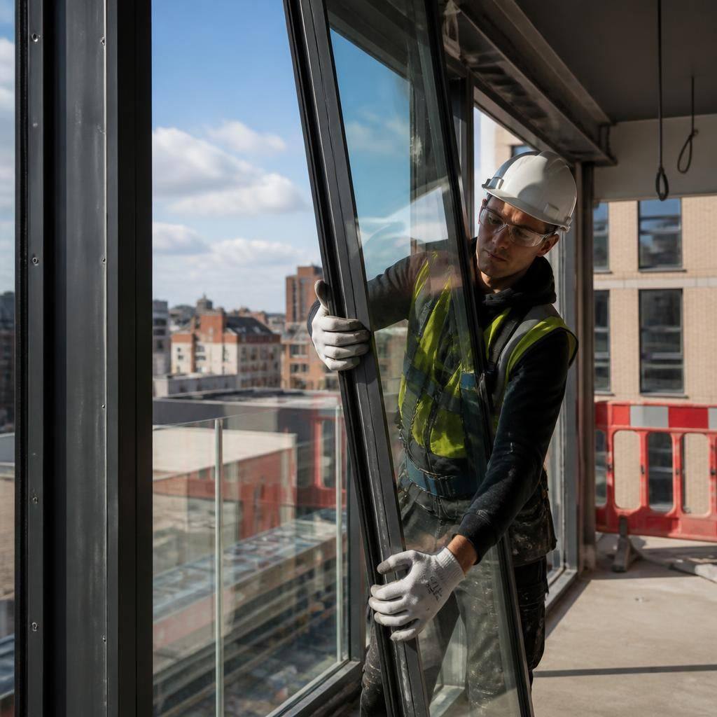 Glazier fitting a commercial glass pane while wearing protective equipment in a controlled work area
