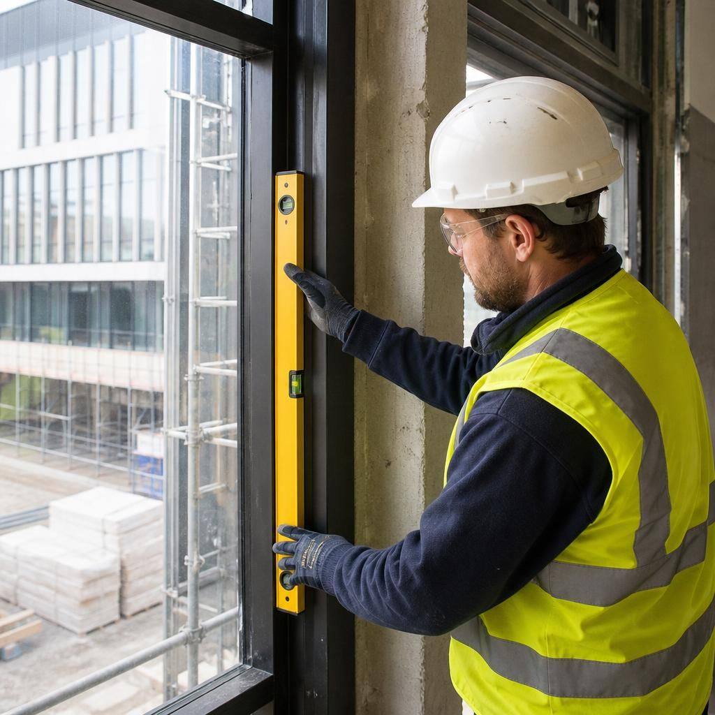 Installer checking a commercial window frame and surrounding surfaces before glass fitting