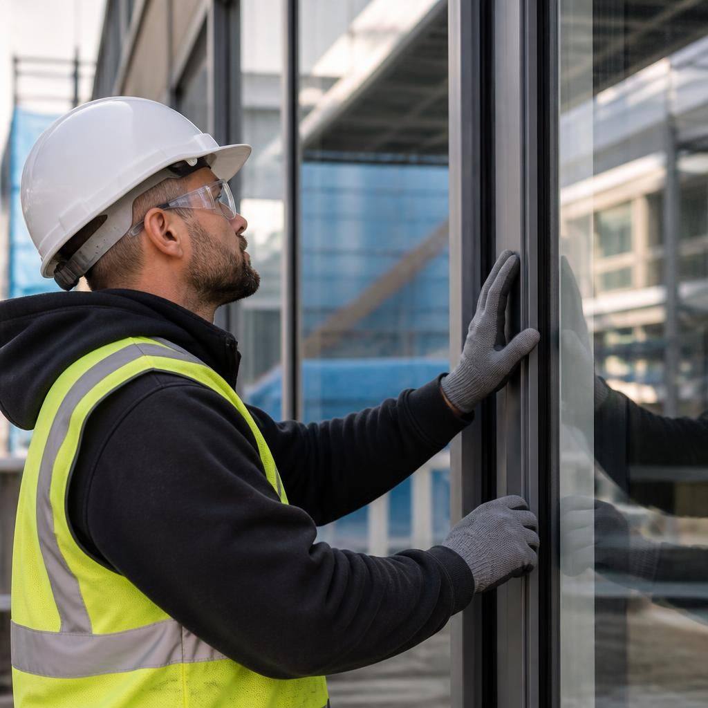 Commercial glazing installer checking a glass panel within an aluminium frame