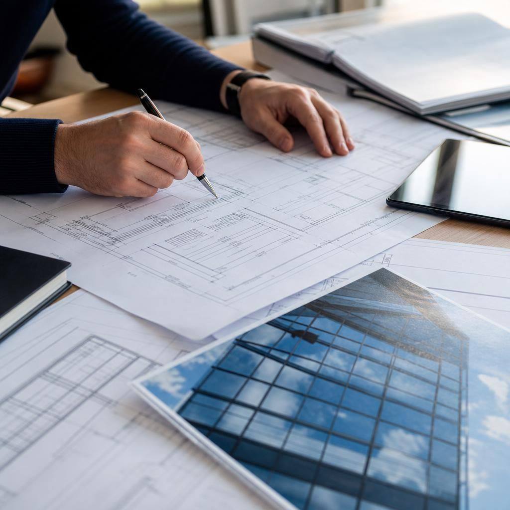 Commercial glazing drawings, site plans and project documents on a desk