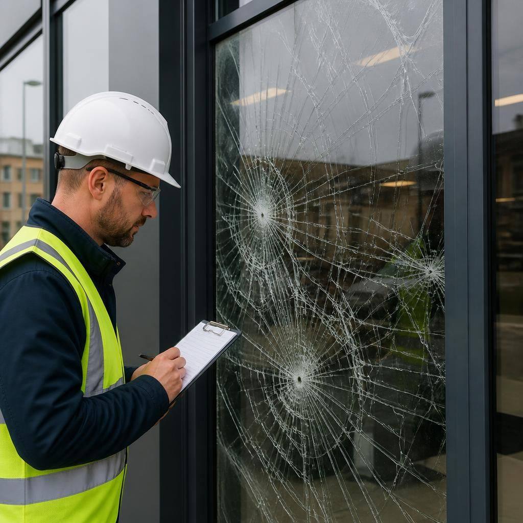 Glazier inspecting a damaged glass panel within a commercial shop front