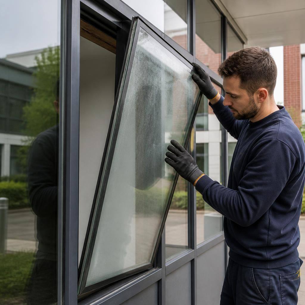 Glazier removing a sealed unit from a commercial window frame