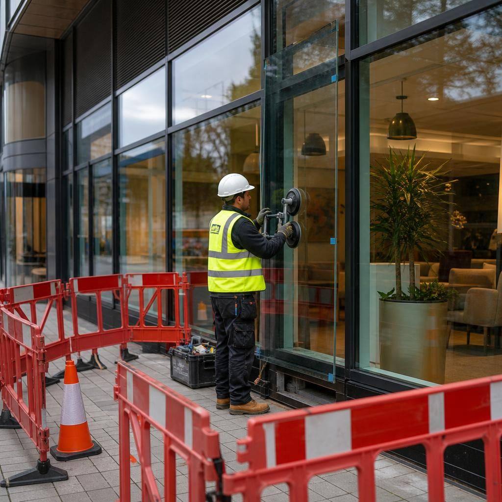 Glazier fitting a replacement pane in a commercial shop front behind safety barriers
