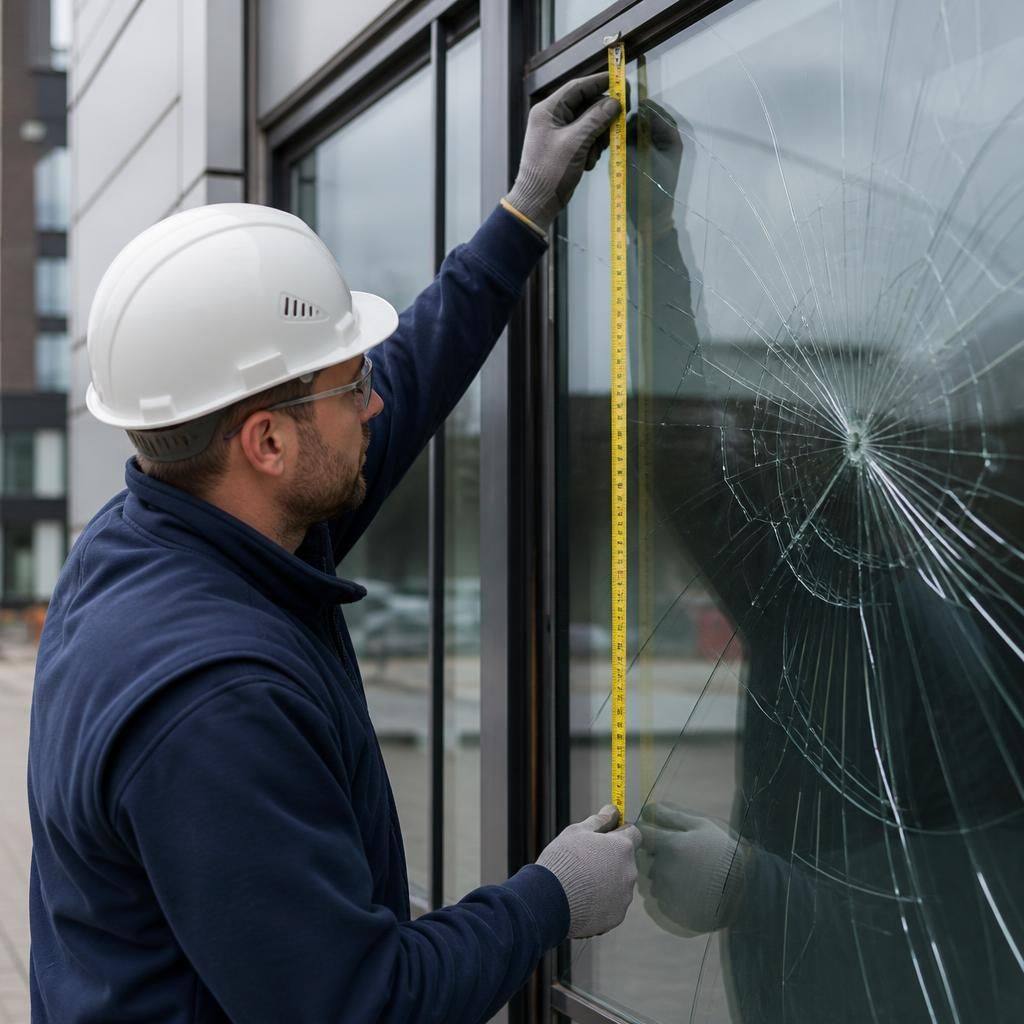 Glazier measuring a damaged commercial window before replacement