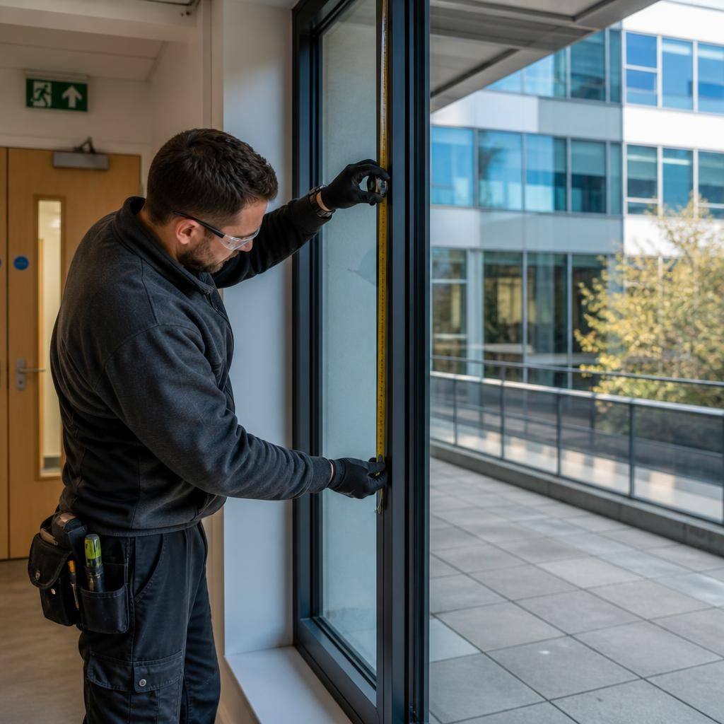 Glazier measuring a commercial window beside an internal access route
