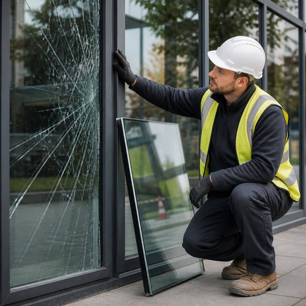 Glazier examining a damaged commercial window frame beside a replacement pane