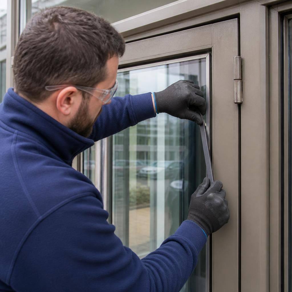 Glazier removing a retaining bead from a commercial door glass panel
