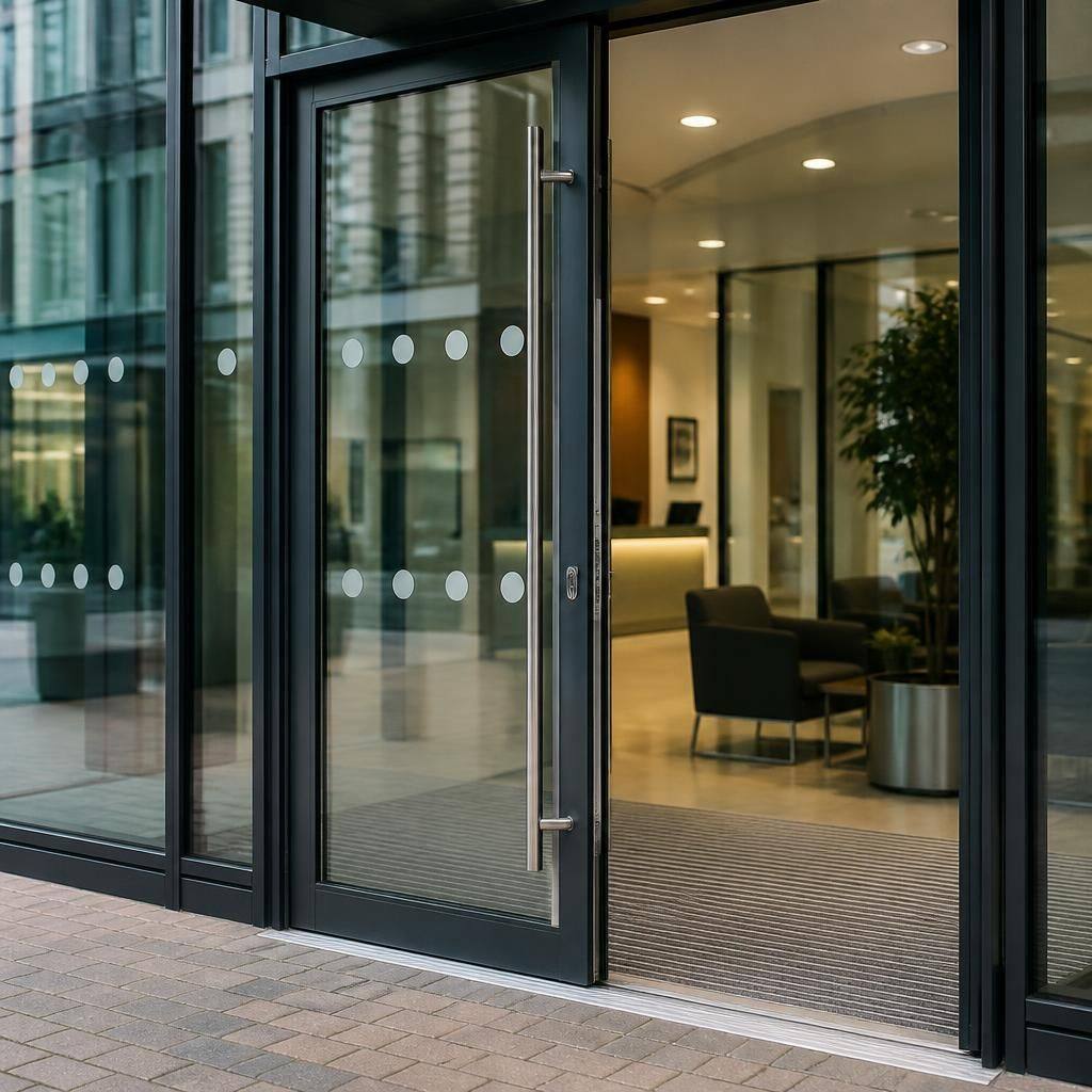 Commercial glass entrance door with visible safety markings and framed glazing