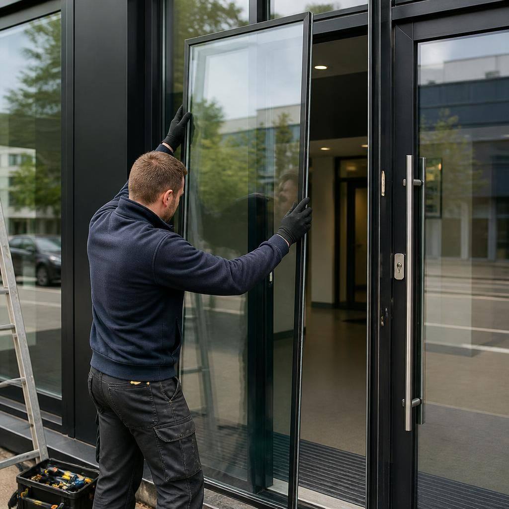 Glazier fitting a replacement glass pane into a commercial entrance door