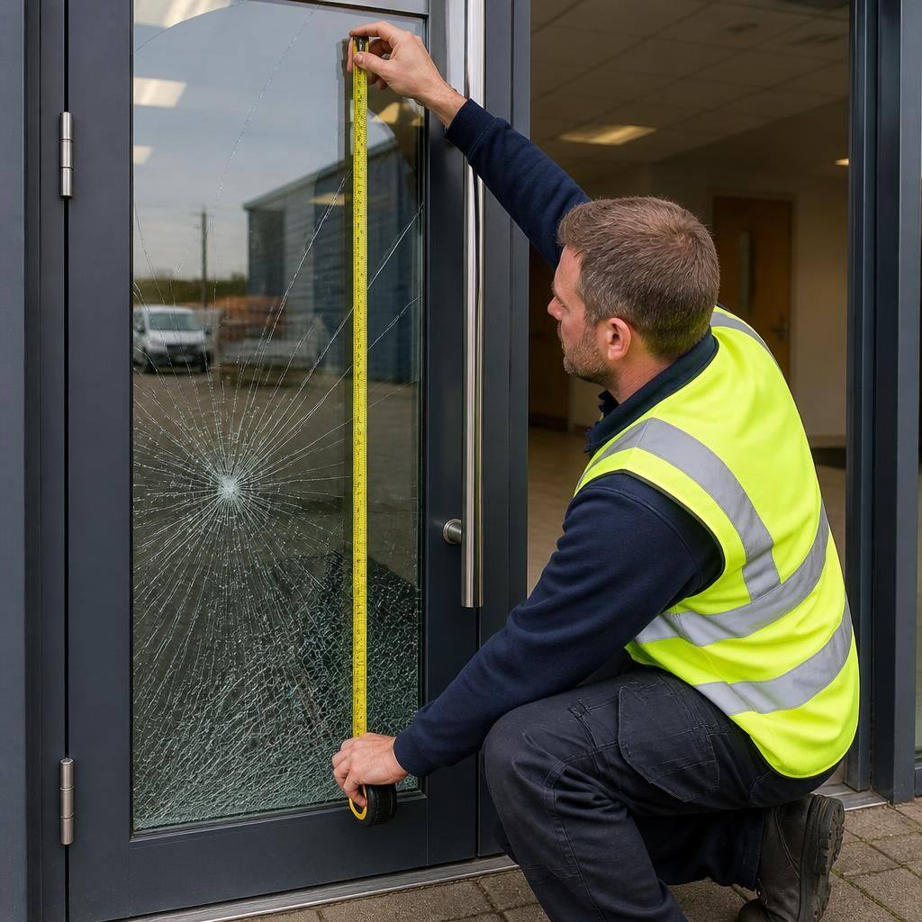 Glazier measuring a damaged glass panel in a commercial door