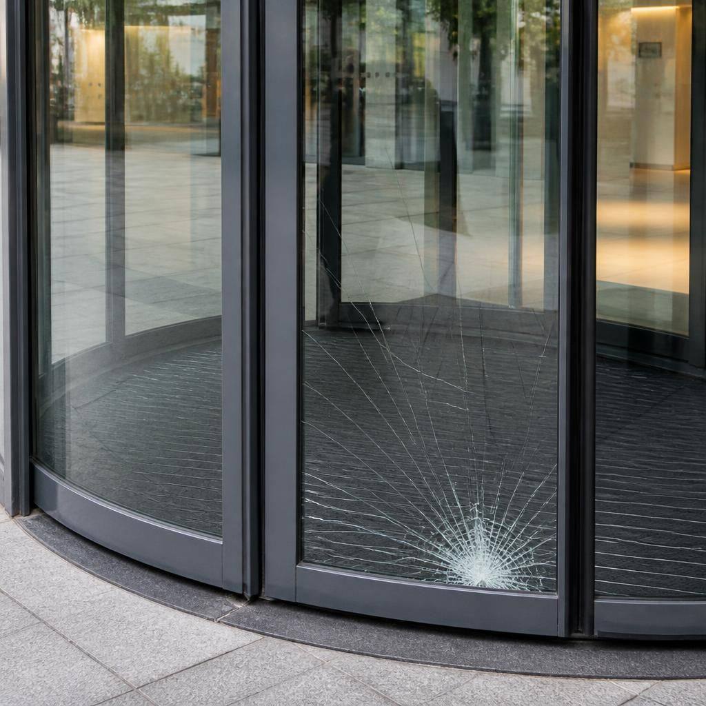 Glazed aluminium entrance door with a cracked lower glass panel