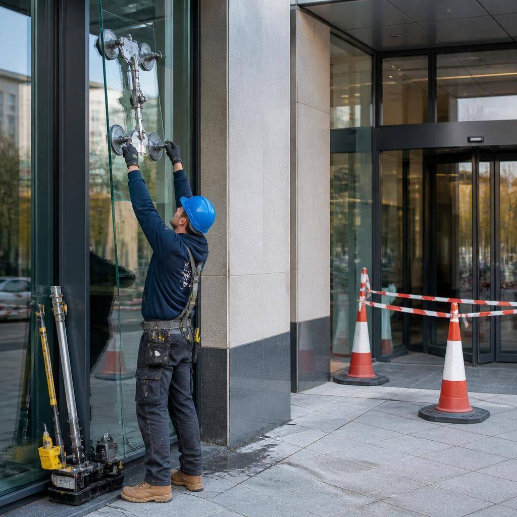 Glazier installing replacement glass beside a cordoned commercial entrance