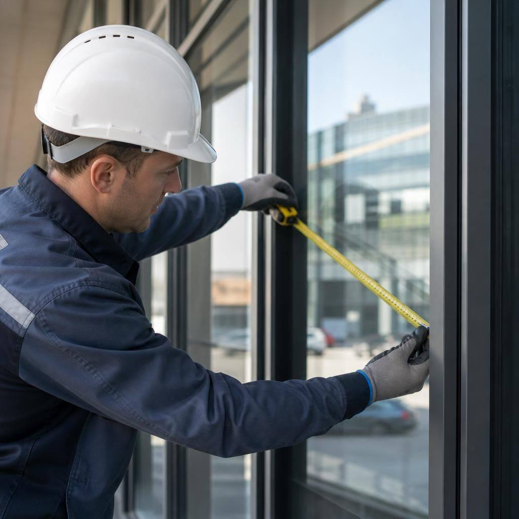 Glazier measuring a commercial window frame before replacement glass is ordered