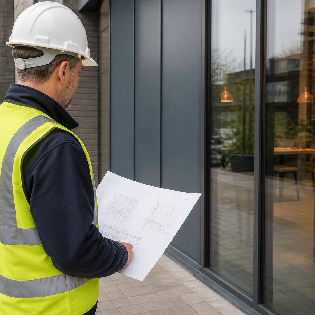 Site manager reviewing commercial glazing plans beside a shop front