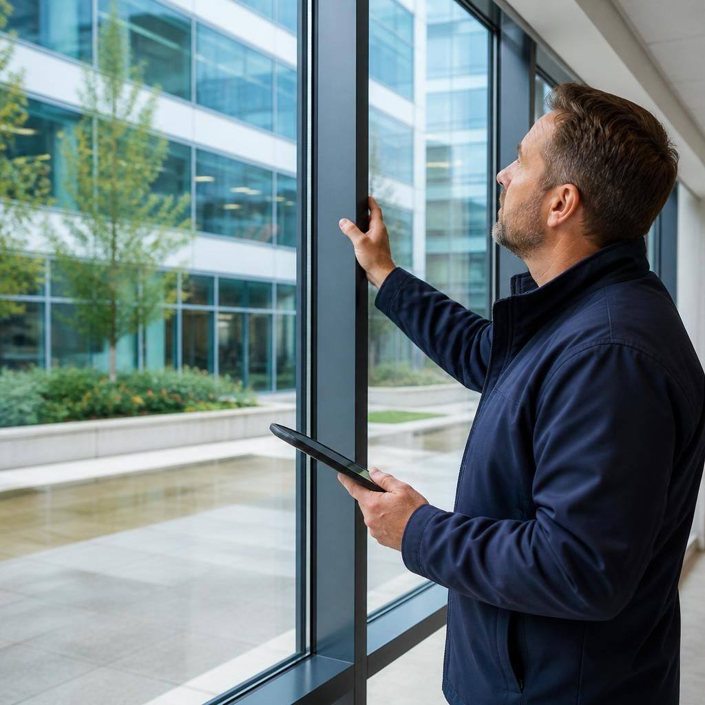 Facilities manager inspecting a newly replaced commercial window and surrounding frame
