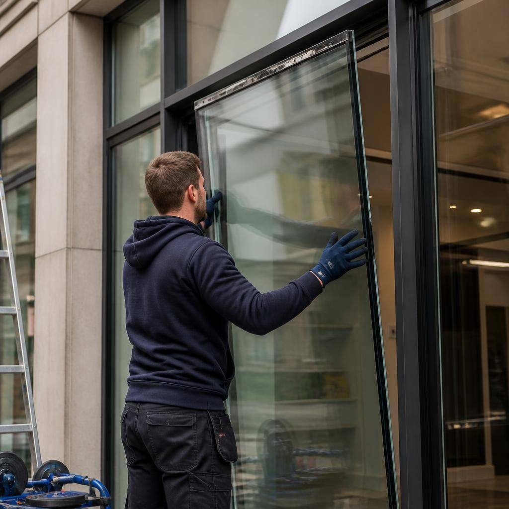 Glazier fitting a replacement pane into a commercial shopfront frame