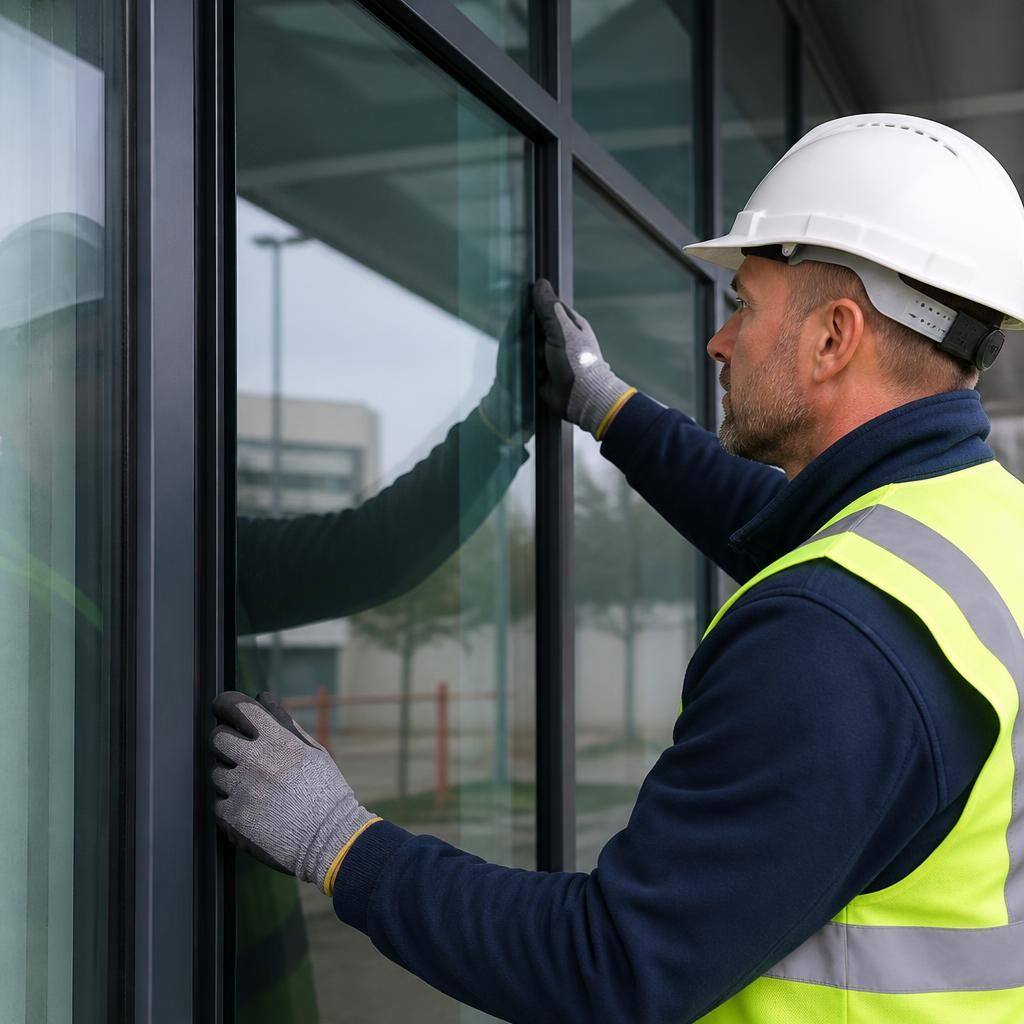 Glazier inspecting the fit of a replacement pane in a commercial window frame