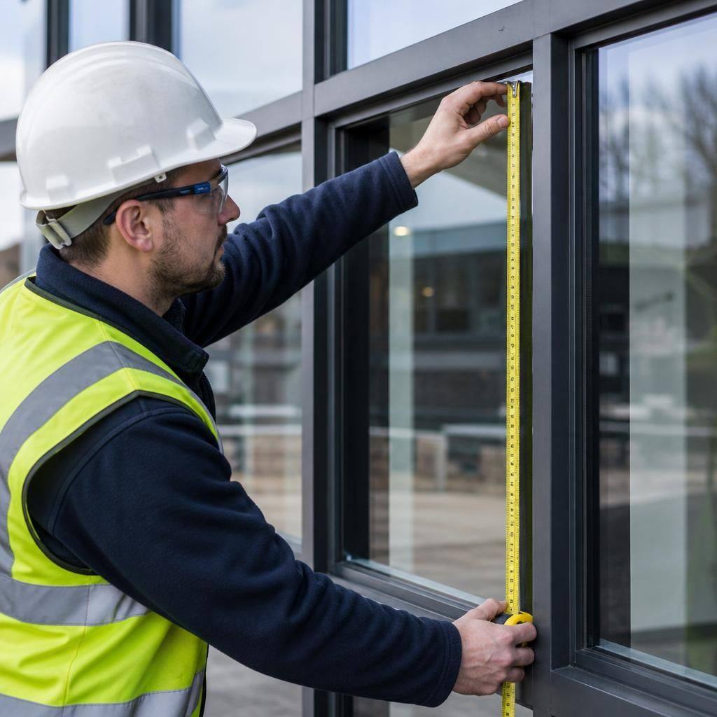 Glazier measuring a commercial window pane beside its frame