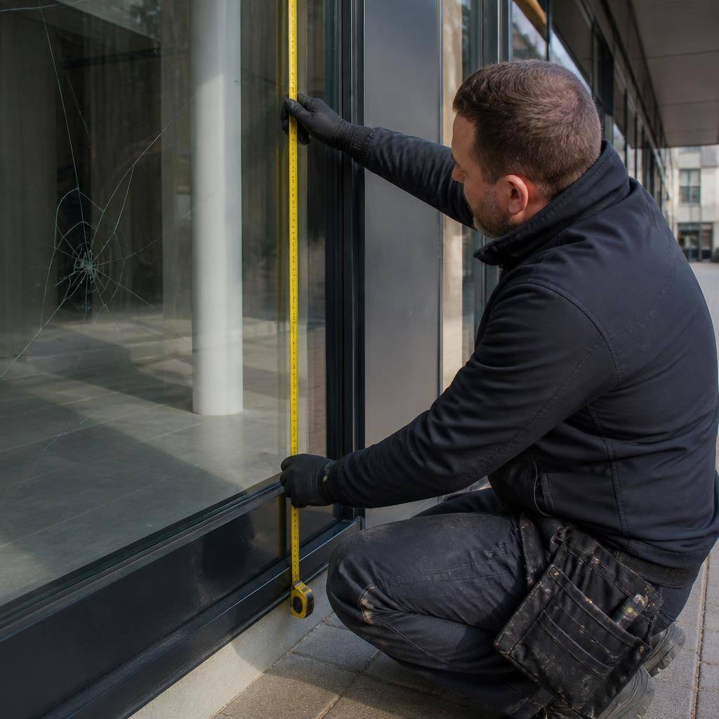Glazier measuring a damaged commercial window before replacement