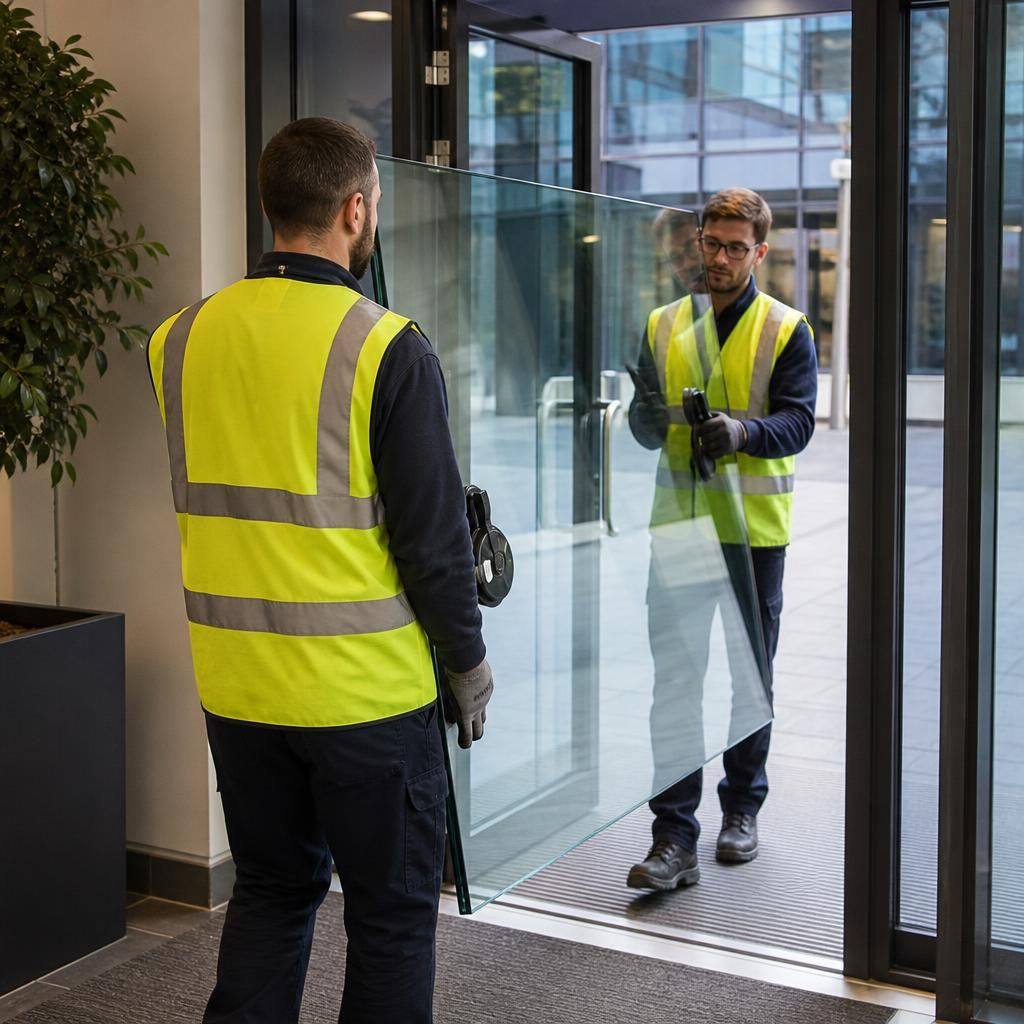 Glazing team moving replacement glass through a commercial building access route