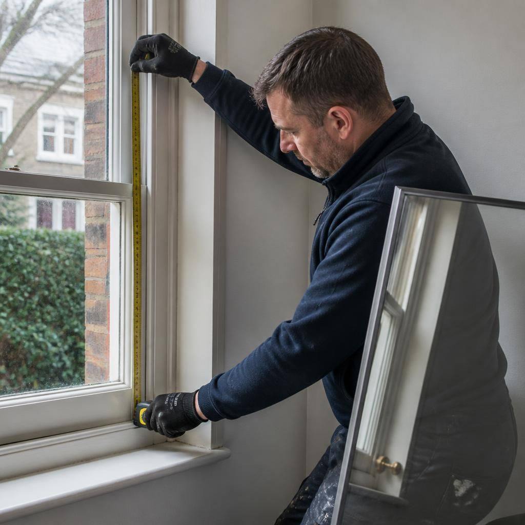 Glazier measuring a residential window frame beside a replacement glass pane