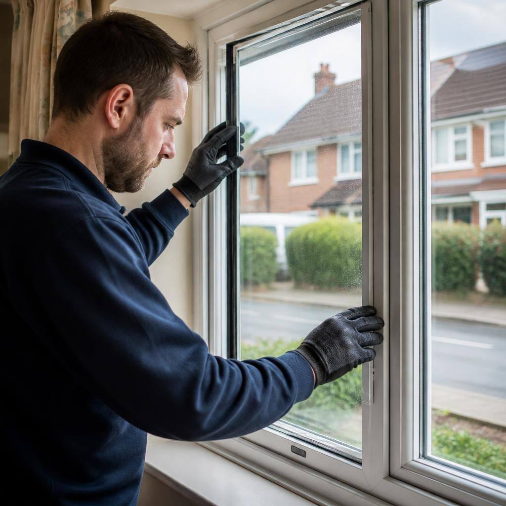 Glazier wearing protective gloves fitting a replacement pane into a residential window