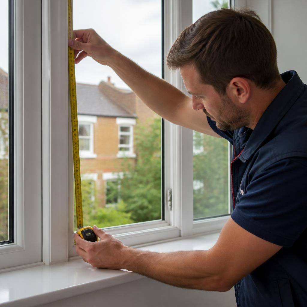 Glazier measuring a window frame with a tape measure